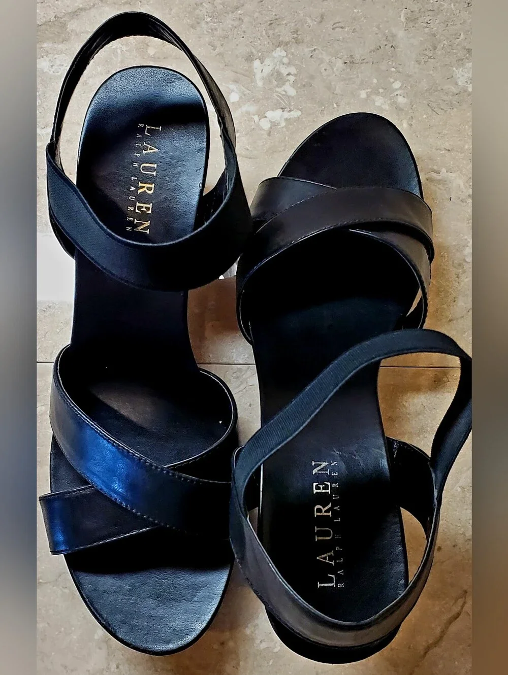 Lauren Ralph Lauren Black Leather Crisscross Wedge Sandals Size 8.5 M